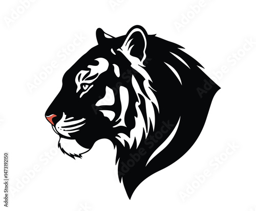 Tiger head silhouette. This image shows a tiger head silhouette. The design features sharp, angular lines and a bold, black color, creating a striking and fierce. Vector clipart illustration design.