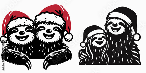 Sloth Couple wear santa hat laughing together. Merry Christmas Cartoon clipart vector draw Holiday Decoration. Two comical slow mammal don headgear enjoy joyful moment.