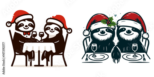Sloth Couple wear santa hat going to a romantic restaurant. Merry Christmas Cartoon clipart vector draw Holiday Decoration. Slow pair don festive headgear travel toward charming dining.