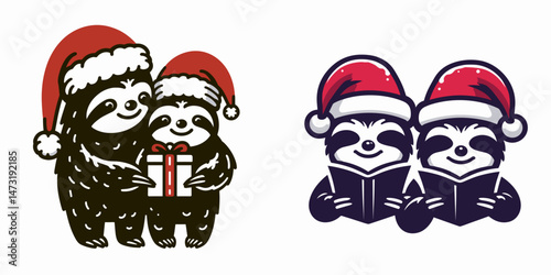 Sloth Couple wear santa hat learning something new together. Merry Christmas Cartoon clipart vector draw Holiday Decoration. Pair of slow mammals in yuletide headwear acquiring fresh.