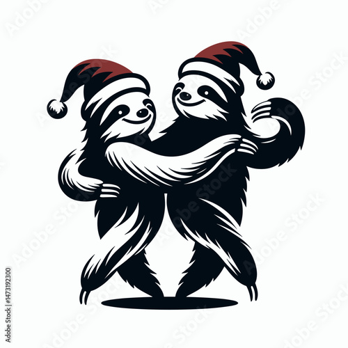 Sloth Couple wear santa hat dancing slowly. Merry Christmas Cartoon clipart vector draw Holiday Decoration. Relaxed pair in cap doing a gradual boogie for yuletide enjoyment.