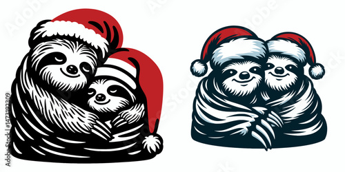Sloth Couple wear santa hat cuddling under a blanket. Merry Christmas Cartoon clipart vector draw Holiday Decoration. Sluggish pair in father headgear embrace beneath cozy wrap.