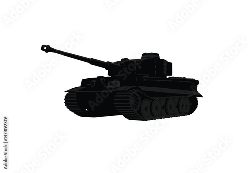 Tiger tank silhouette. This image shows a design of a tiger tank silhouette with sharp, jagged rays emanating from a central circle, resembling a sunburst pattern. Vector clipart illustration design.