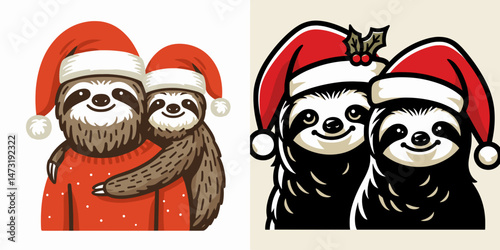 Sloth Couple wear santa hat creating a vision board. Merry Christmas Cartoon clipart vector draw Holiday Decoration. Xmas two toed friend don festive headgear crafting future plan collage.