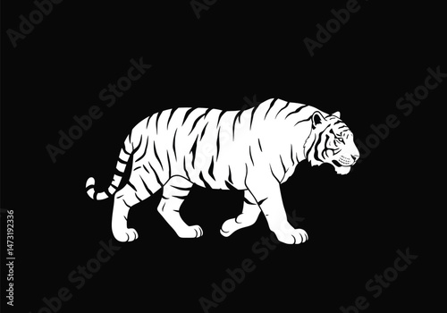 White tiger silhouette. This image shows a black and white abstract design resembling a sunburst pattern with sharp, jagged rays emanating from a central circle. Vector clipart illustration design.