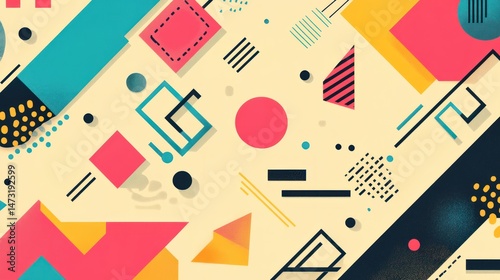 Abstract Geometric Shapes: A vibrant and colorful retro design featuring various shapes, lines, and patterns in a bold, playful composition.