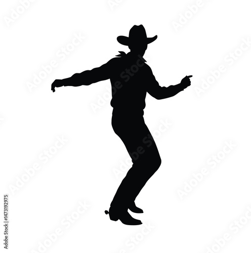 Cowboy dancing silhouette. This image shows a black and white abstract sun with jagged rays emanating from a central circle. Vector clipart illustration design.
