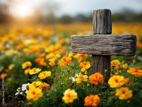 A rustic wooden cross stands among vibrant yellow and orange wildflowers in a sunlit field.