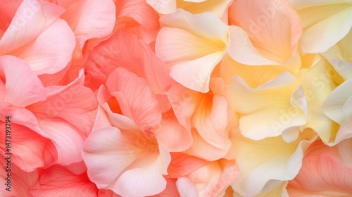 Soft pastel flower petals in shades of peach, pink, and yellow closely arranged for a delicate and elegant background.