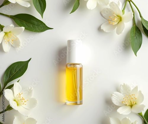 Flat lay composition featuring a 3ml roll-on perfume bottle with golden jasmine oil surrounded by white jasmine flowers and green leaves on a clean white background. Elegant, minimal, and botanical ae