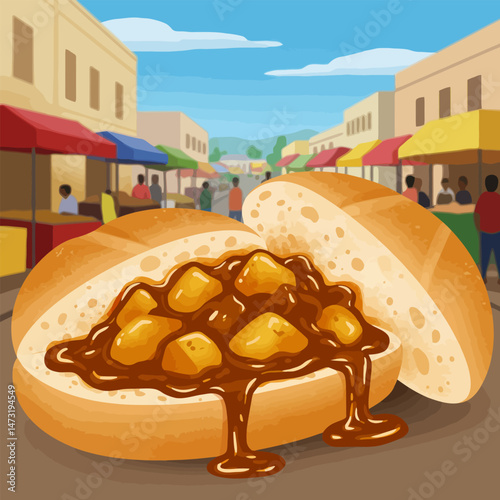 Street Food Bread with Curry Topping at Marketplace in Sunny Day