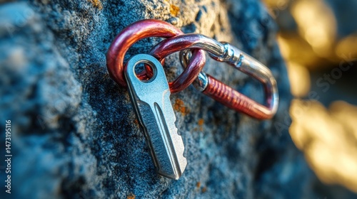Close-up of a compact multi-tool attached to a carabiner on a rocky surface
