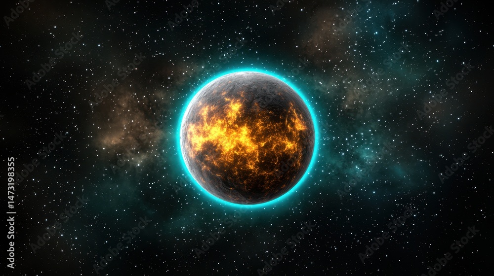 Obraz premium Fiery Planet in Cyan Nebula Cosmic Scene
