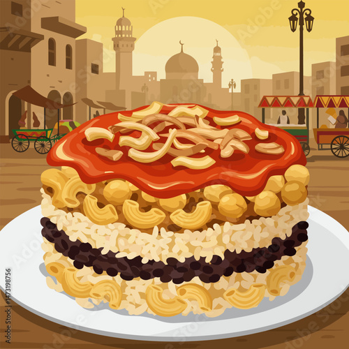 Kushari Dish with Tomato Sauce Served in Traditional Cairo Setting