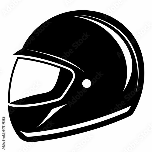 Matte Black Racing Helmet with Chrome Visor - Vector Silhouette on White