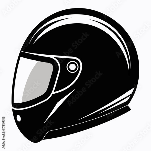 Matte Black Racing Helmet with Chrome Visor - Vector Silhouette on White