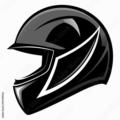 Matte Black Racing Helmet with Chrome Visor - Vector Silhouette on White