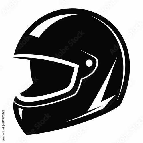 Matte Black Racing Helmet with Chrome Visor - Vector Silhouette on White