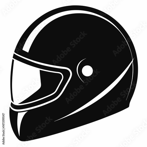 Matte Black Racing Helmet with Chrome Visor - Vector Silhouette on White
