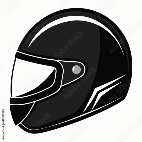 Matte Black Racing Helmet with Chrome Visor - Vector Silhouette on White