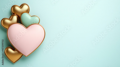 Pastel hearts in gold and pink on mint background