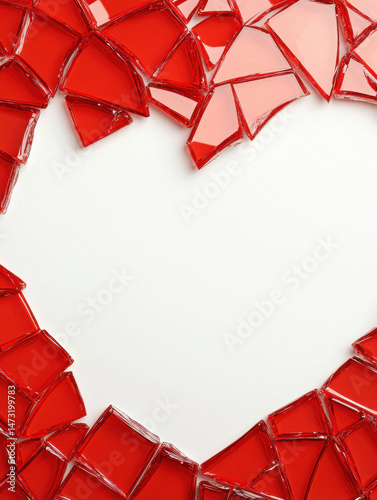 Shattered glass forms heart shape, symbolizing love fragility