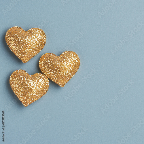 Glitter heart shaped confetti in radiant gold on blue