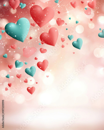Heart confetti in coral and teal raining over soft bokeh