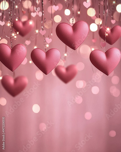 Hanging heart decorations with soft pink background and bokeh