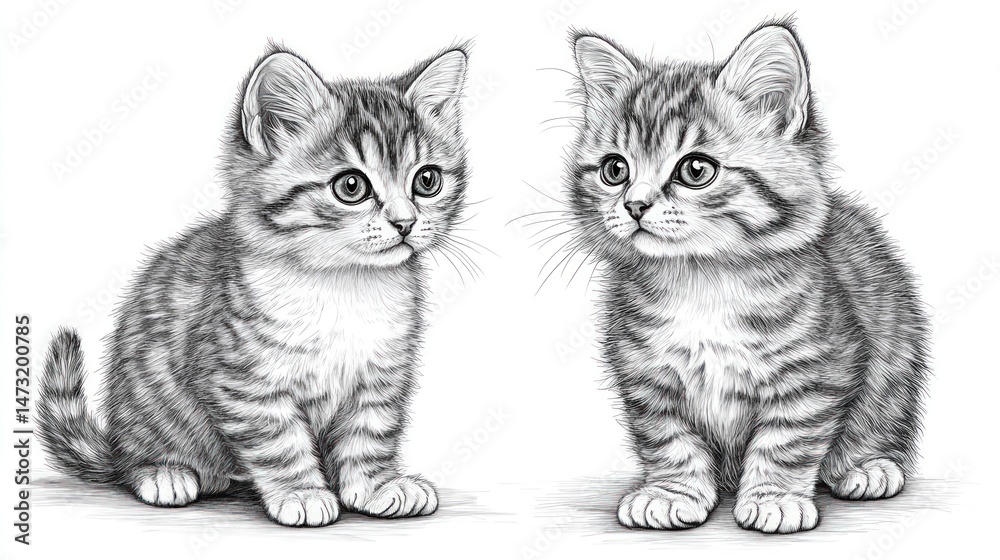 Two adorable tabby kittens, side-by-side, in a detailed pencil sketch Two adorable tabby kittens, side-by-side, in a detailed pencil sketch