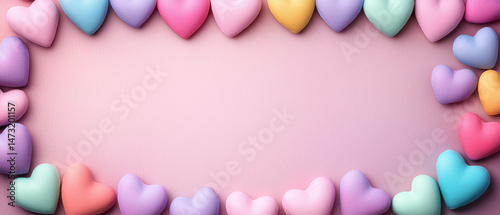 Colorful hearts border on pastel gradient background