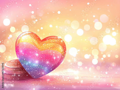 Vibrant rainbow heart with soft sparkles on dreamy background