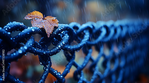 Serene autumnal rain scene featuring a single leaf clinging to a rain-soaked chain-link fence.  Captures the beauty of nature's resilience in the face of inclement weather.