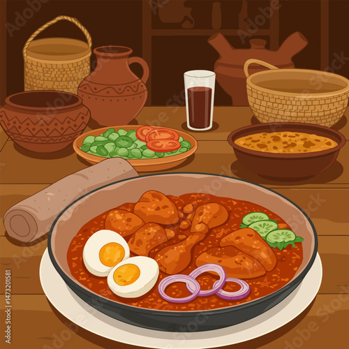Serving Chicken Stew with Egg, Vegetables, and Traditional Beverages