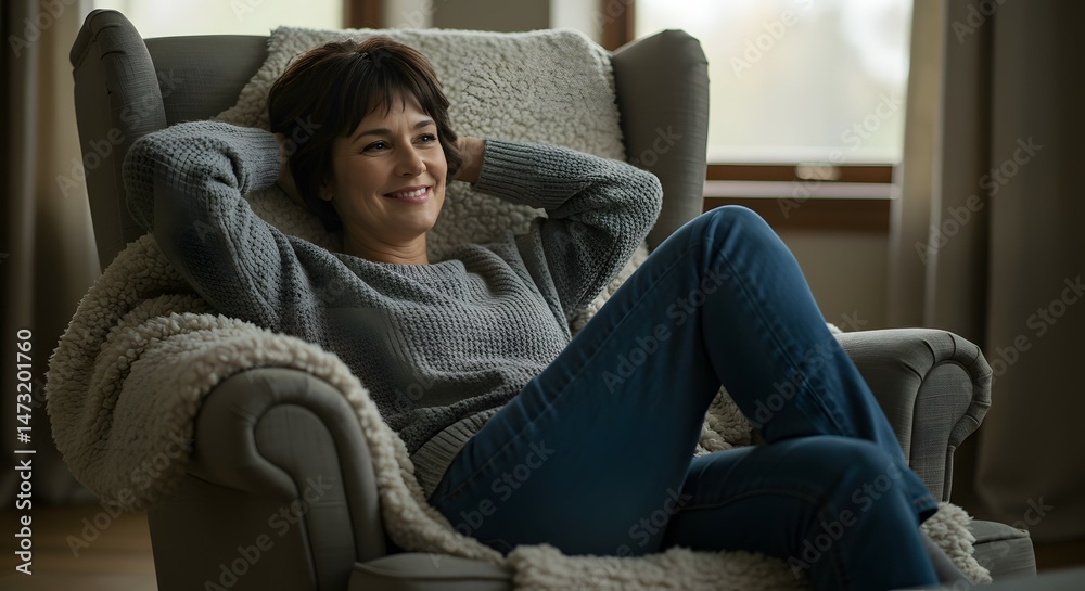 Fototapeta premium Relaxing Woman in Comfortable Armchair at Home A Serene Moment of Peace and Tranquility, Enjoying Cozy Atmosphere
