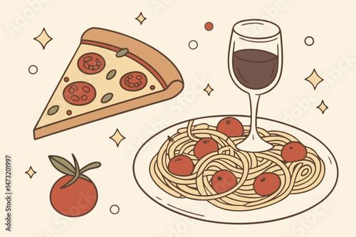 vector illustration of pizza and wine