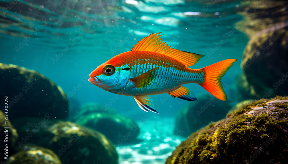 Naklejka premium Vibrant Colorful Tropical Fish Swimming Underwater