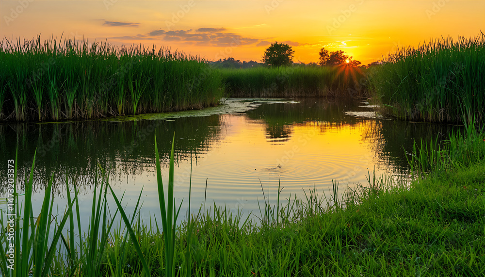 Obraz premium Sunset Reflection on Tranquil Wetland Pond