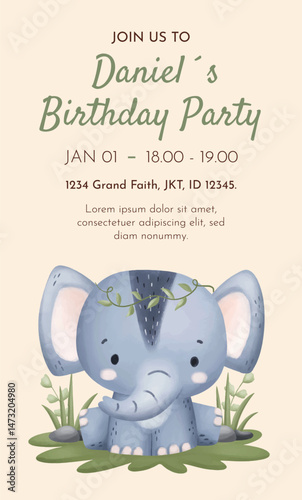 Watercolor Illustration Safari Animal Birthday party card template design