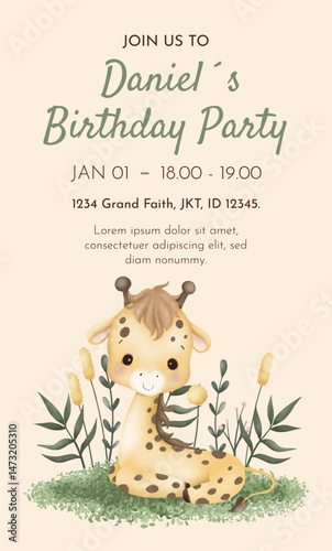 Watercolor Illustration Safari Animal Birthday party card template design
