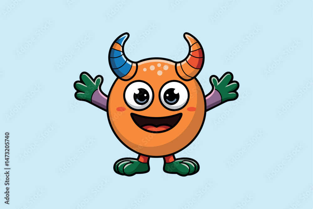 Naklejka premium Cute and friendly orange monster character with big eyes and horns on light blue background