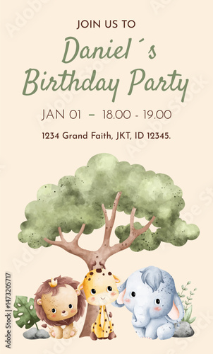 Watercolor Illustration Safari Animal Birthday party card template design