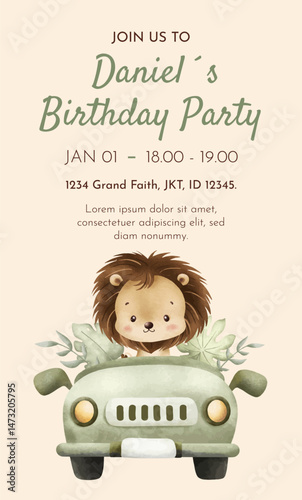 Watercolor Illustration Safari Animal Birthday party card template design