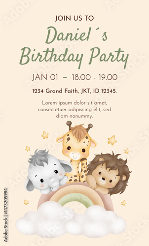 Watercolor Illustration Safari Animal Birthday party card template design