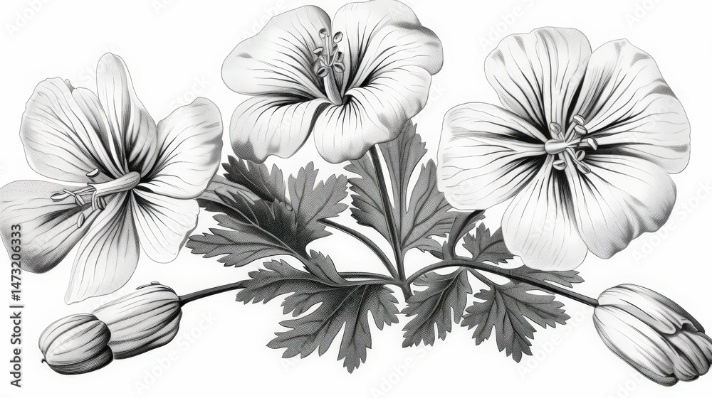 custom made wallpaper toronto digitalDetailed botanical illustration of delicate, open and budding flowers with intricately rendered foliage, presented in grayscale
