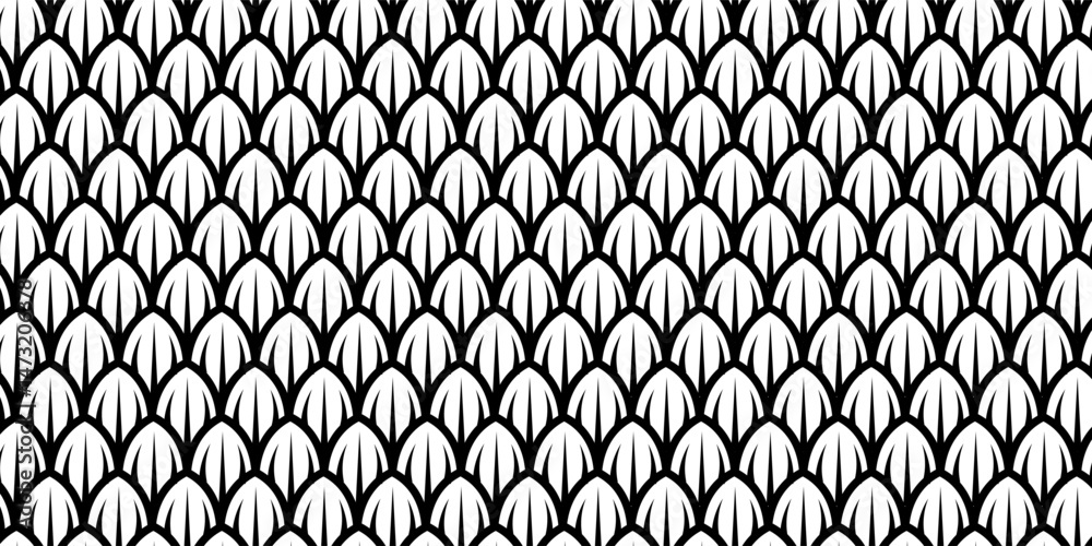 Dragon snake reptile fish mermiad scale seamless pattern tile. Dinosaur skin seamless pattern. Vector black line background.