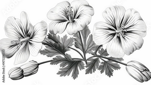 Wallpaper Mural Detailed botanical illustration of delicate, open and budding flowers with intricately rendered foliage, presented in grayscale Torontodigital.ca