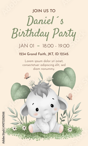 Watercolor Illustration Safari Animal Birthday party card template design