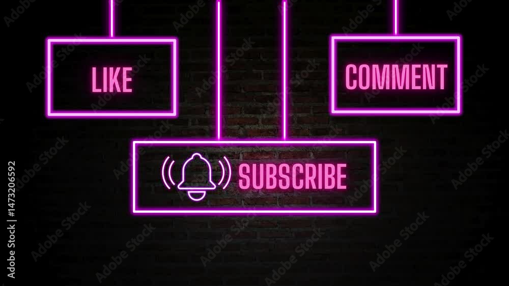 Neon signs on brick wall displaying social media with like, comment, and subscribe text. 4K social Media end video template