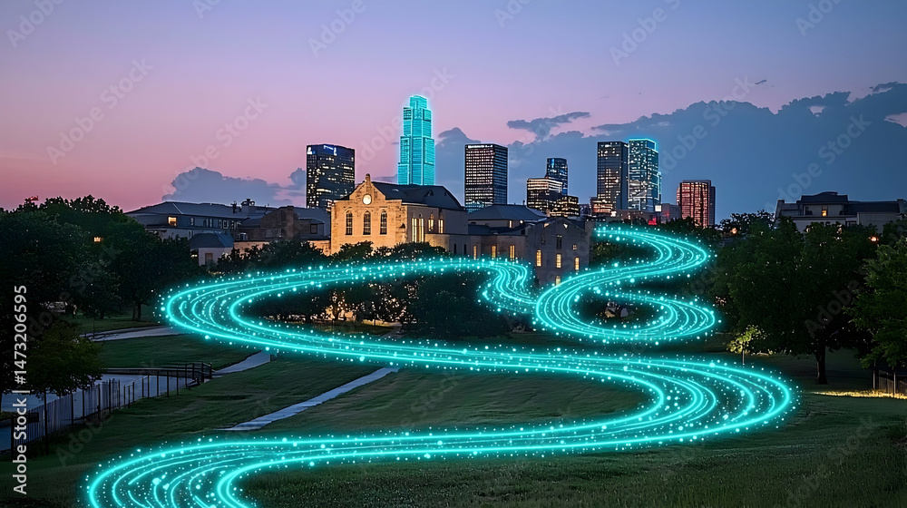 Fototapeta premium City skyline at twilight, highlighted by ethereal pathways